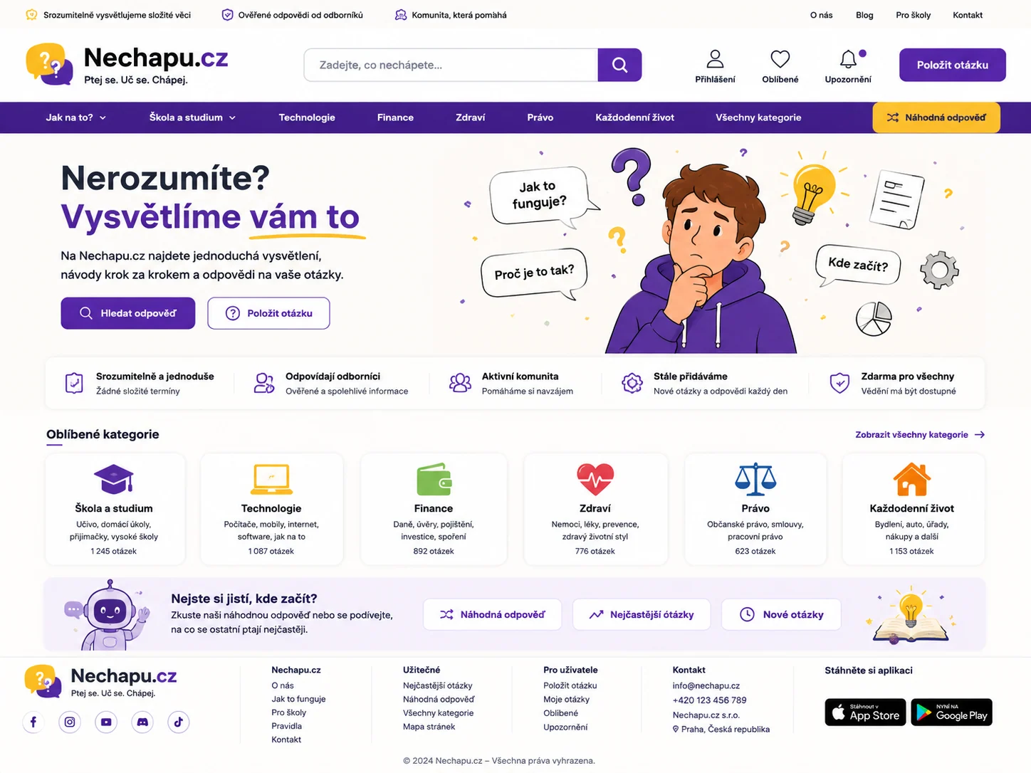 Vizuální návrh možného projektu Nechapu.cz zaměřeného na vysvětlování, vzdělávání a poradenské rozcestníky